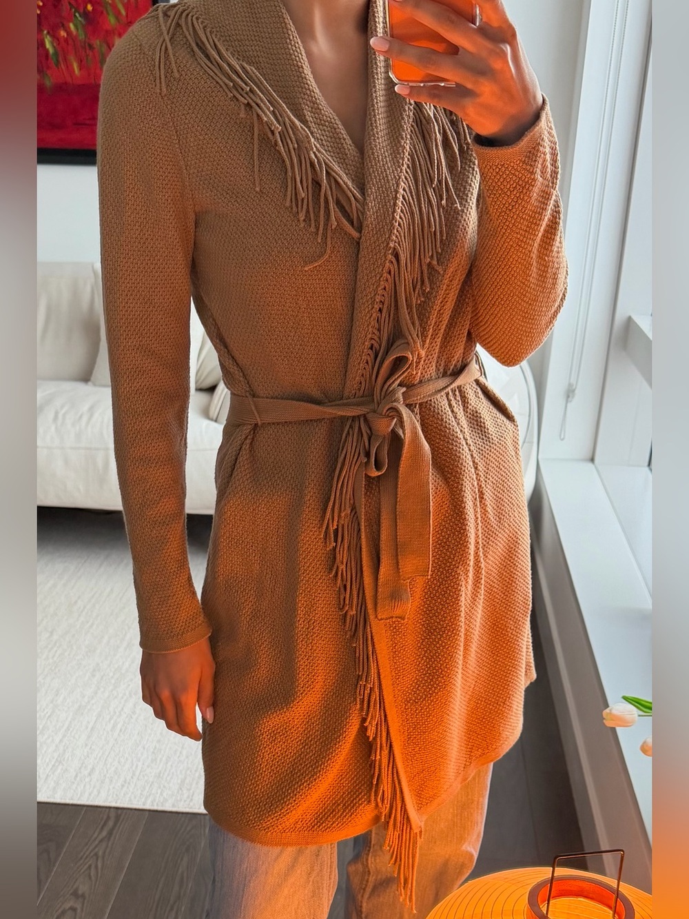 J. Jill Fringe Trim Belted Open Front Cardigan Sweater XS
